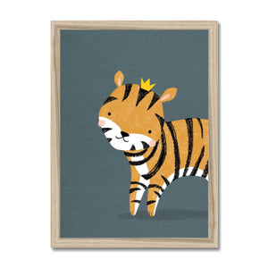 Children's print of a cute, illustrated tiger with a crown. The print is styled in a wooden frame.