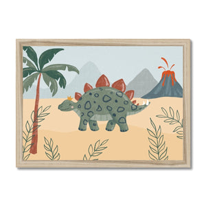 Children's print of an illustrated stegosaurus in a prehistoric scene with palm trees and a volcano. The print is styled in a wooden frame. 