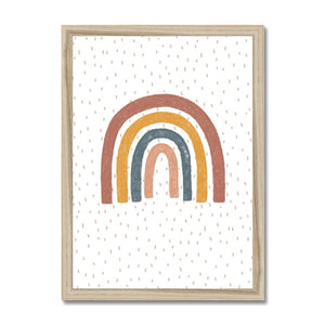 Children's modern rainbow print, in neutral earth tones, with a confetti print background. The print is styled in a wooden frame. 